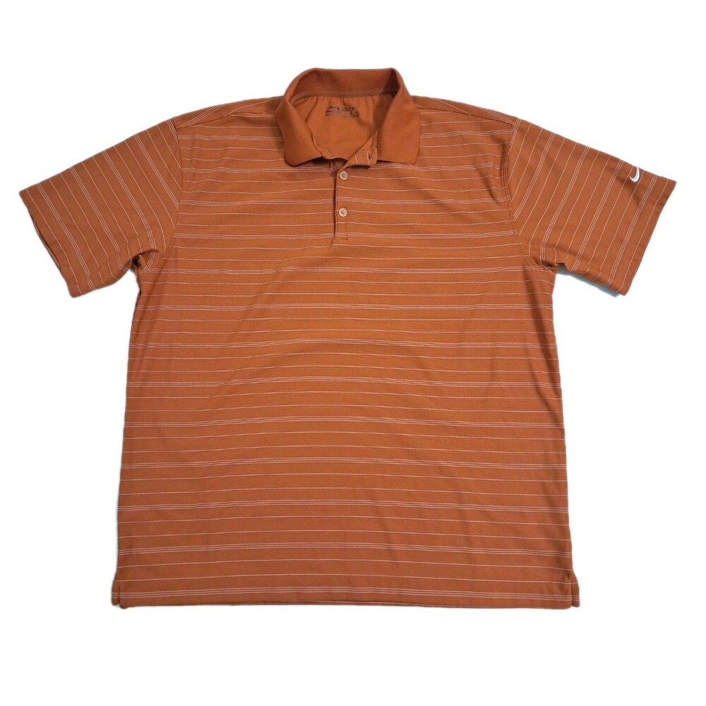 Nike Polo Shirt Men's Large Orange Striped Golf Performance Dri-Fit
